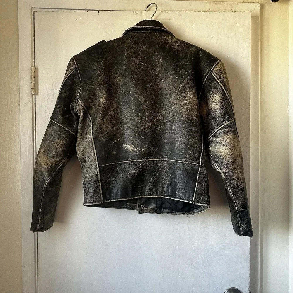 Vintage Harley Davidson Distressed Faded Black Leather Moto Jacket Men's Large
